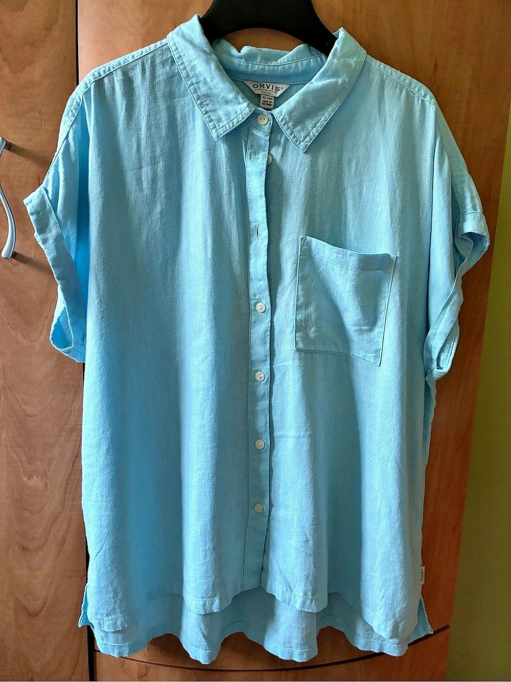 Orvis Classic Collection Linen Rayon Short Sleeve Shirt Blue XL